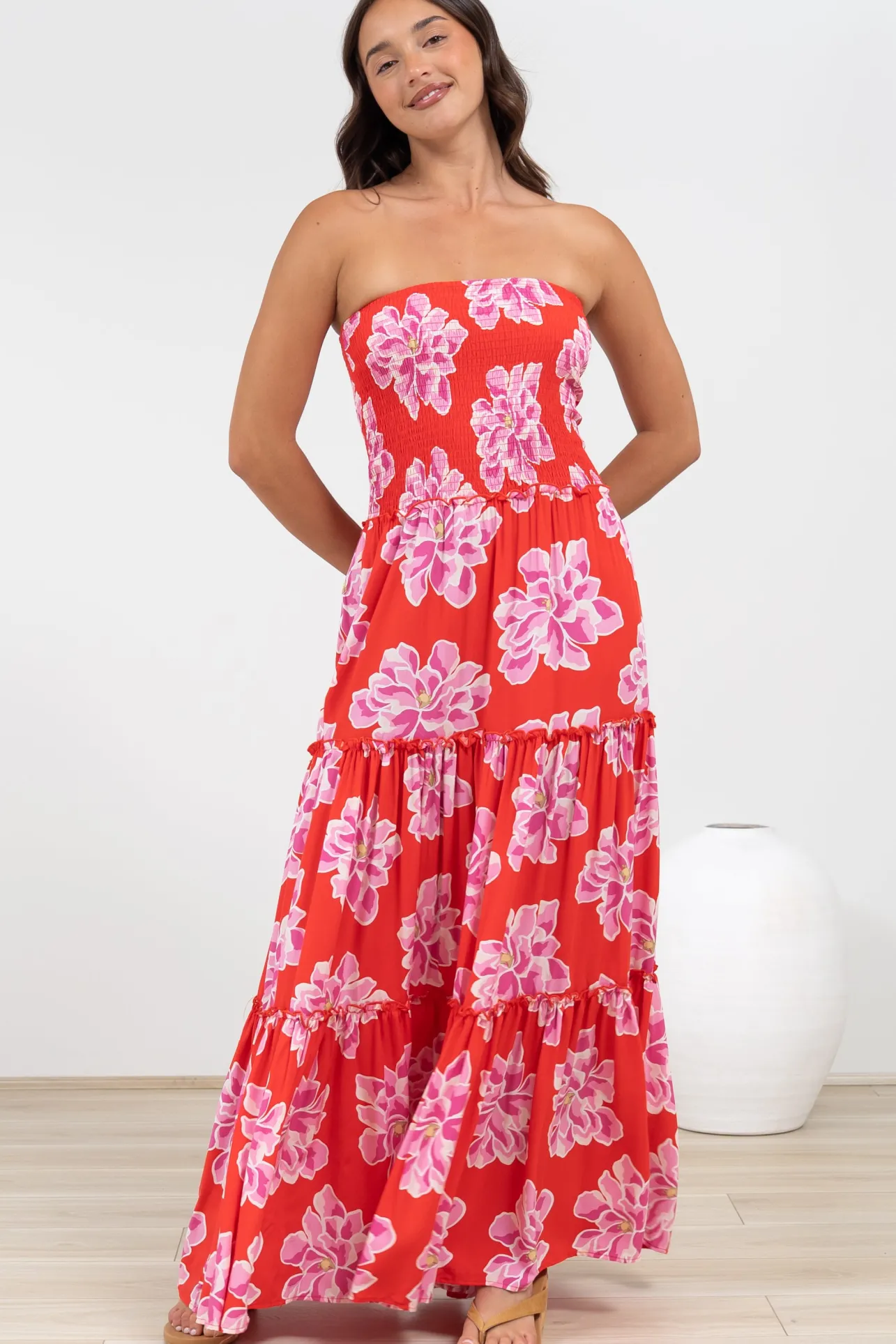 Rhea Maxi Dress - Strapless Ruffle Spliced Tiered Dress in Alba Print Red>Salty Crush