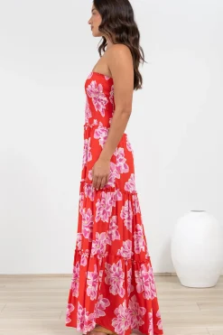 Rhea Maxi Dress - Strapless Ruffle Spliced Tiered Dress in Alba Print Red><noscript><img width=