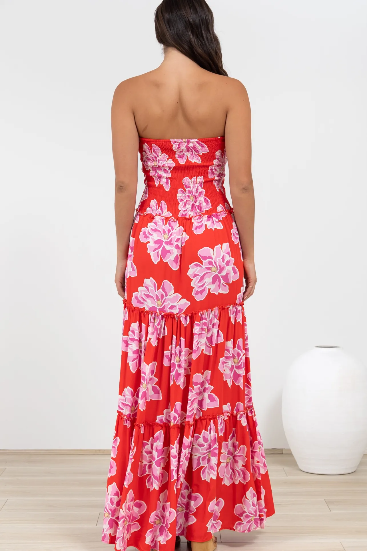 Rhea Maxi Dress - Strapless Ruffle Spliced Tiered Dress in Alba Print Red>Salty Crush