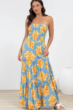 Rhea Maxi Dress - Strapless Ruffle Spliced Tiered Dress in Alba Print Blue>Salty Crush Clearance