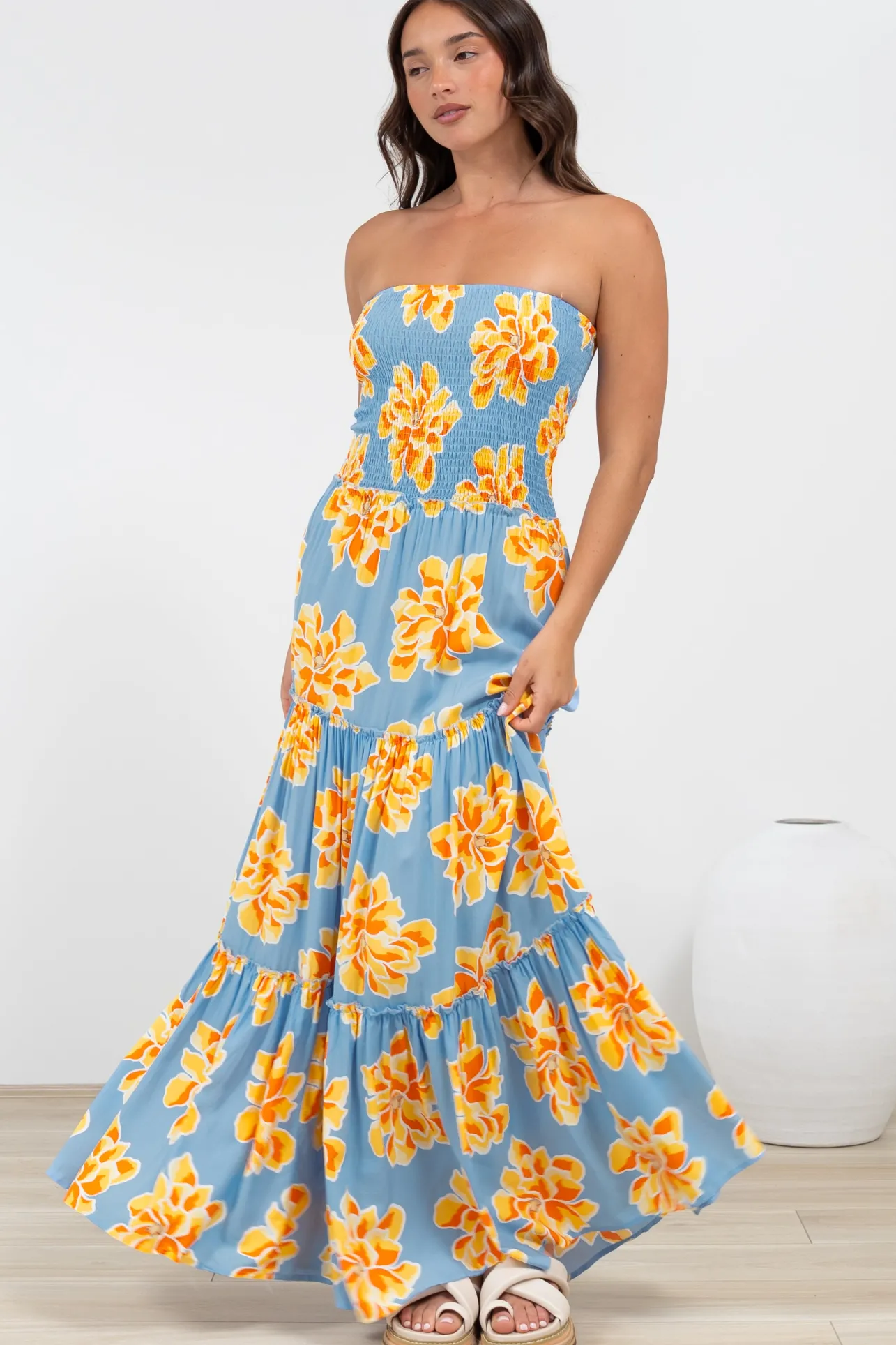 Rhea Maxi Dress - Strapless Ruffle Spliced Tiered Dress in Alba Print Blue>Salty Crush Clearance