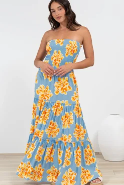 Rhea Maxi Dress - Strapless Ruffle Spliced Tiered Dress in Alba Print Blue><noscript><img width=