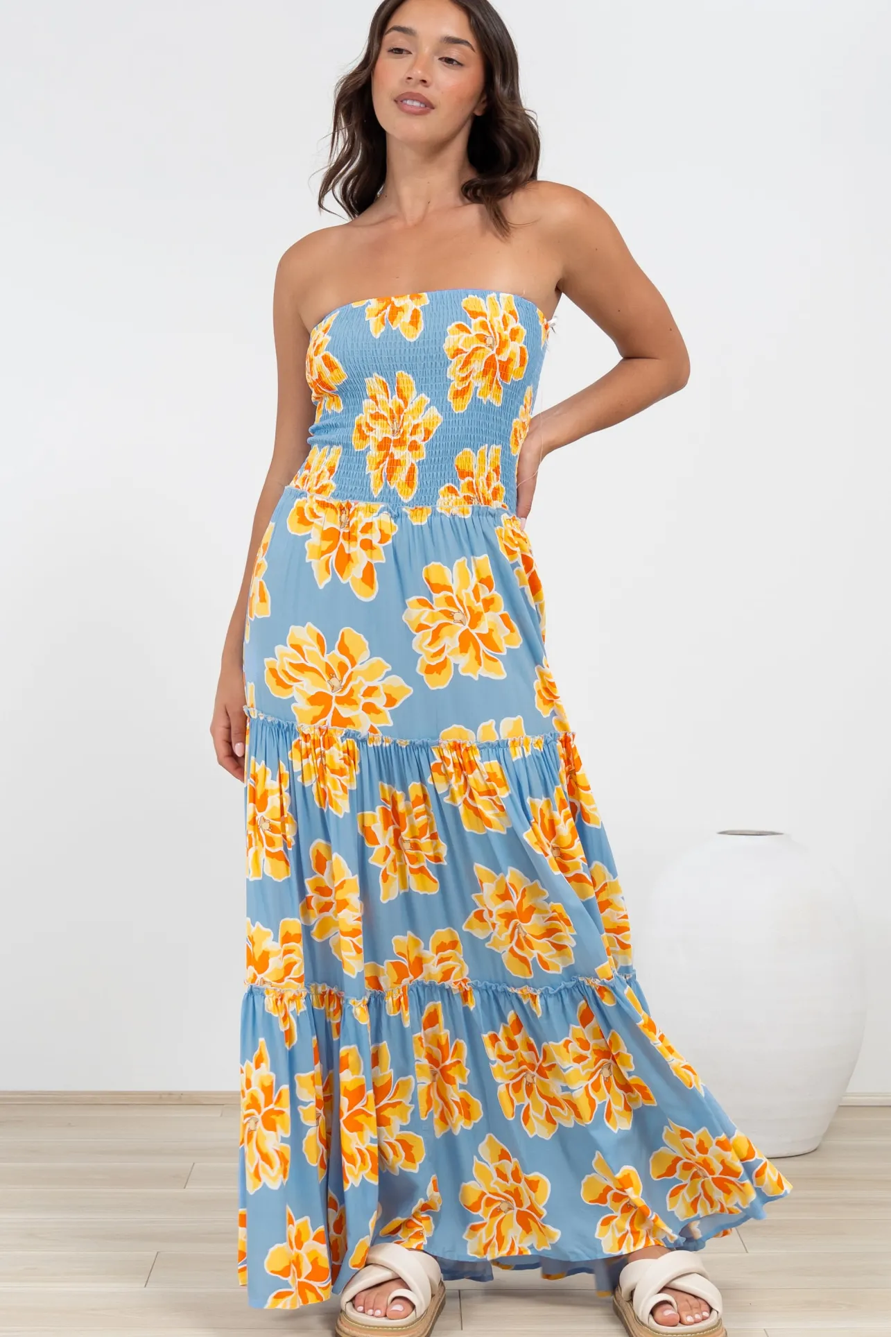 Rhea Maxi Dress - Strapless Ruffle Spliced Tiered Dress in Alba Print Blue>Salty Crush Clearance