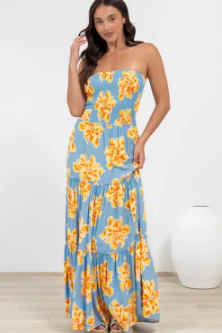 Rhea Maxi Dress - Strapless Ruffle Spliced Tiered Dress in Alba Print Blue><noscript><img width=