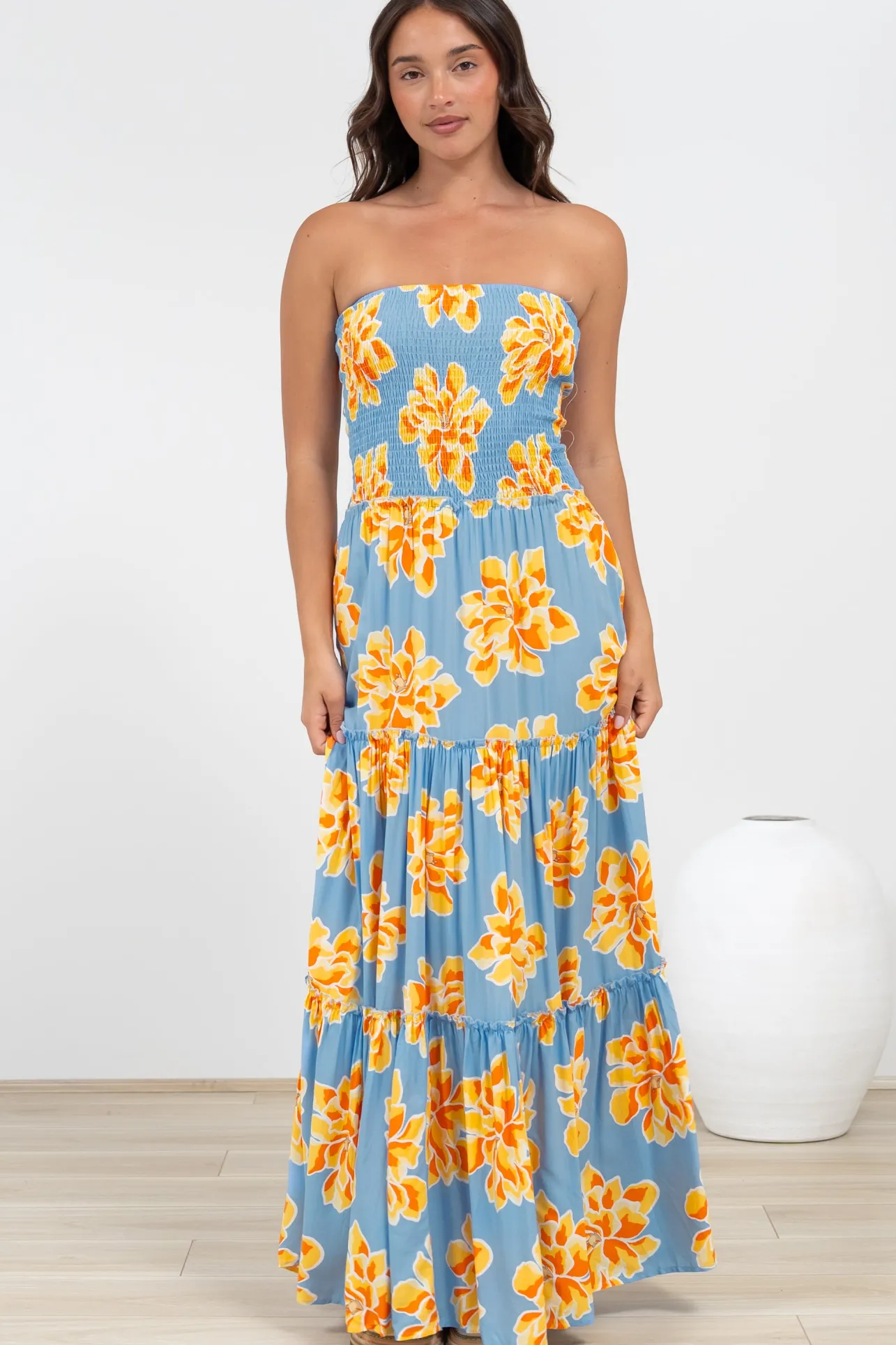 Rhea Maxi Dress - Strapless Ruffle Spliced Tiered Dress in Alba Print Blue>Salty Crush Clearance