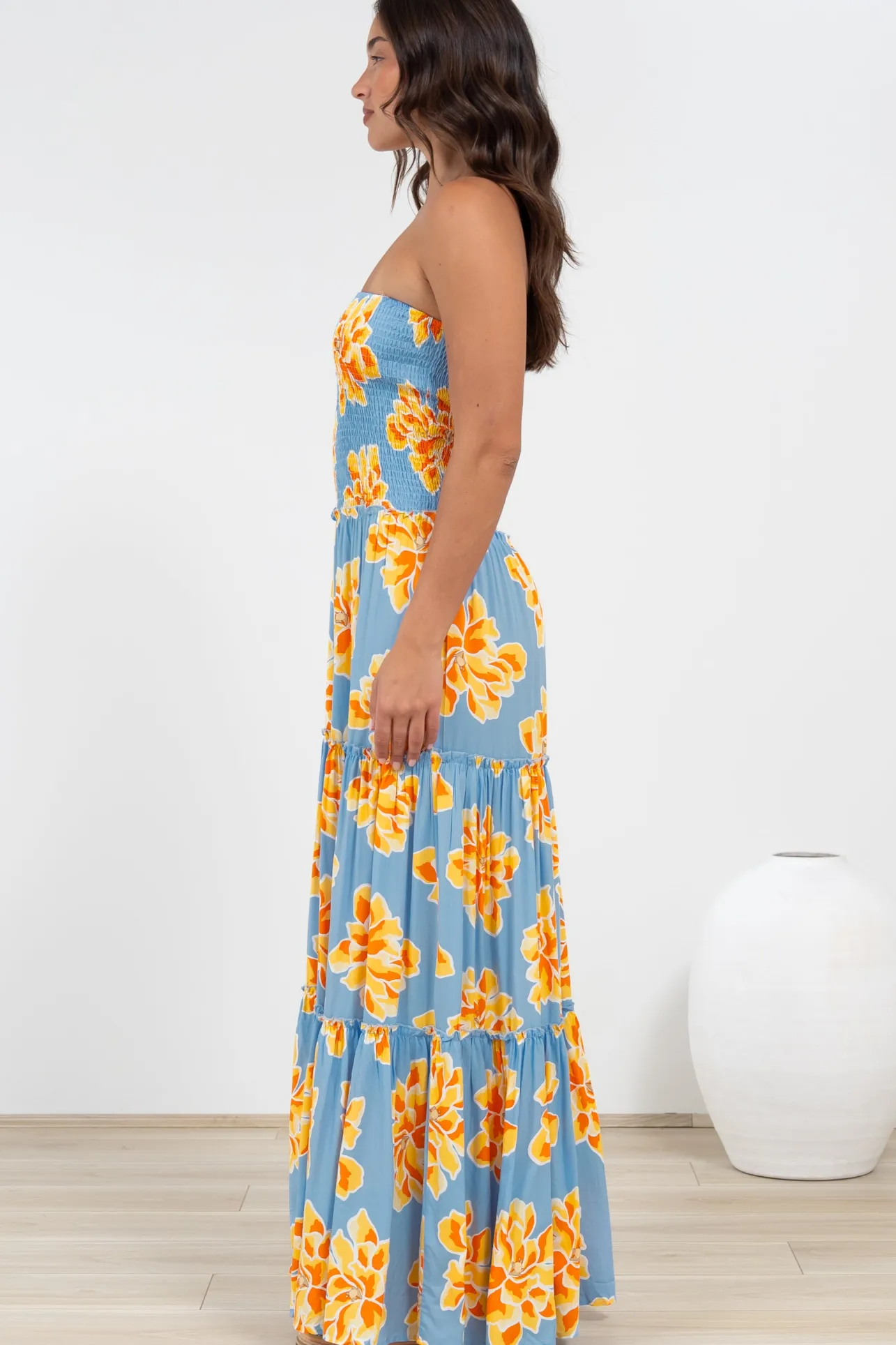 Rhea Maxi Dress - Strapless Ruffle Spliced Tiered Dress in Alba Print Blue>Salty Crush Clearance