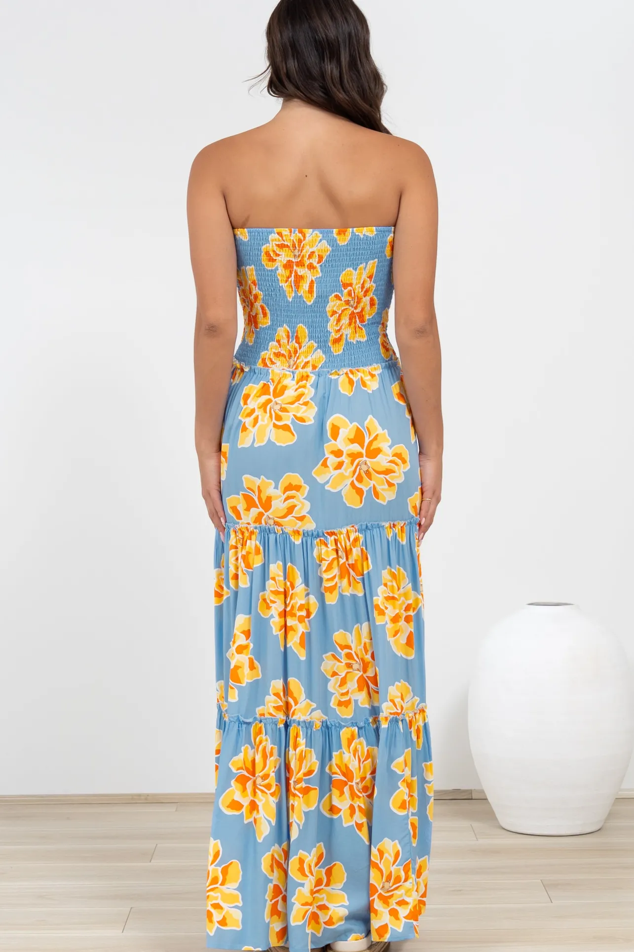 Rhea Maxi Dress - Strapless Ruffle Spliced Tiered Dress in Alba Print Blue>Salty Crush Clearance