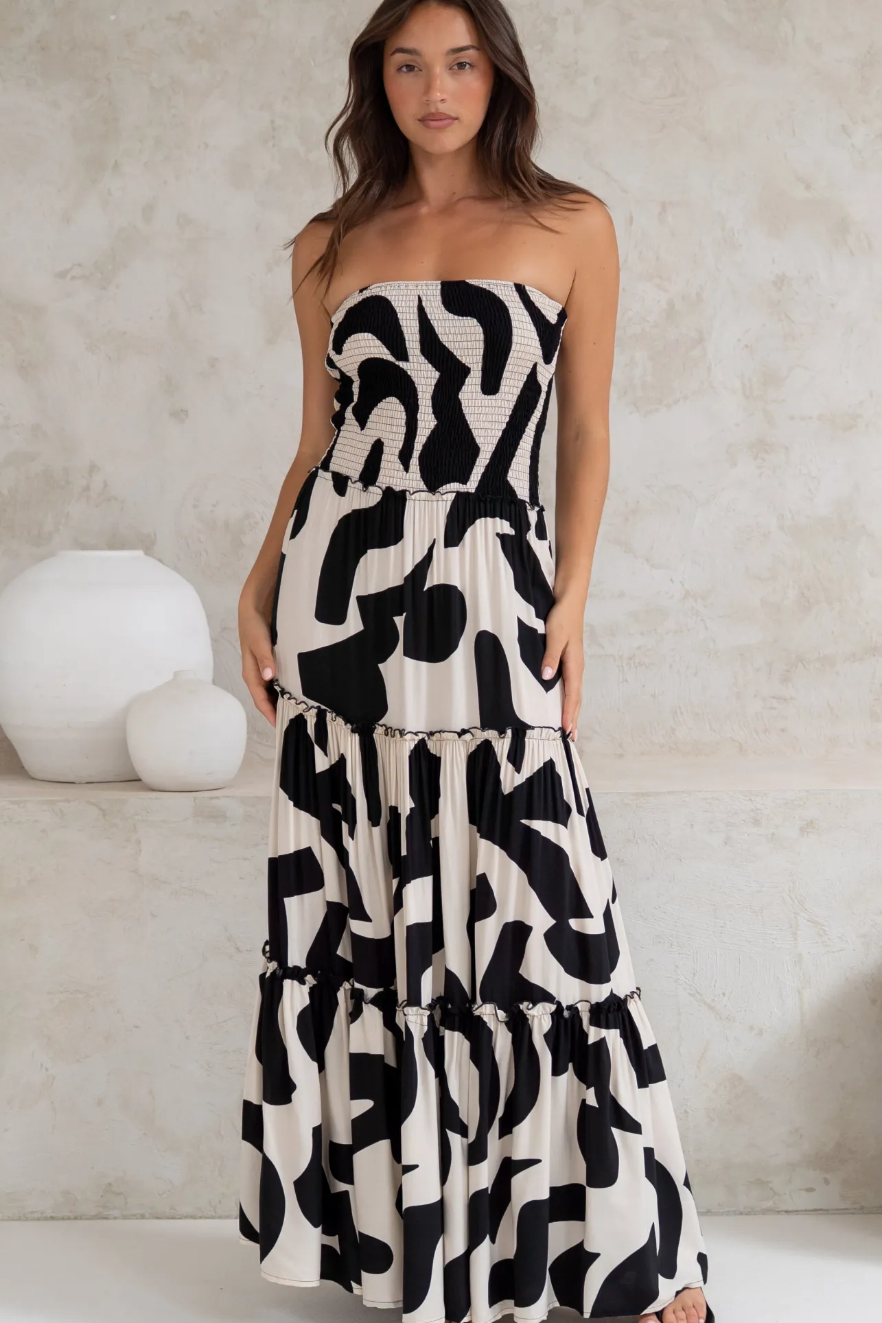 Rhea Maxi Dress - Strapless Ruffle Spliced Tiered Dress in Halsey Print>Salty Crush Sale