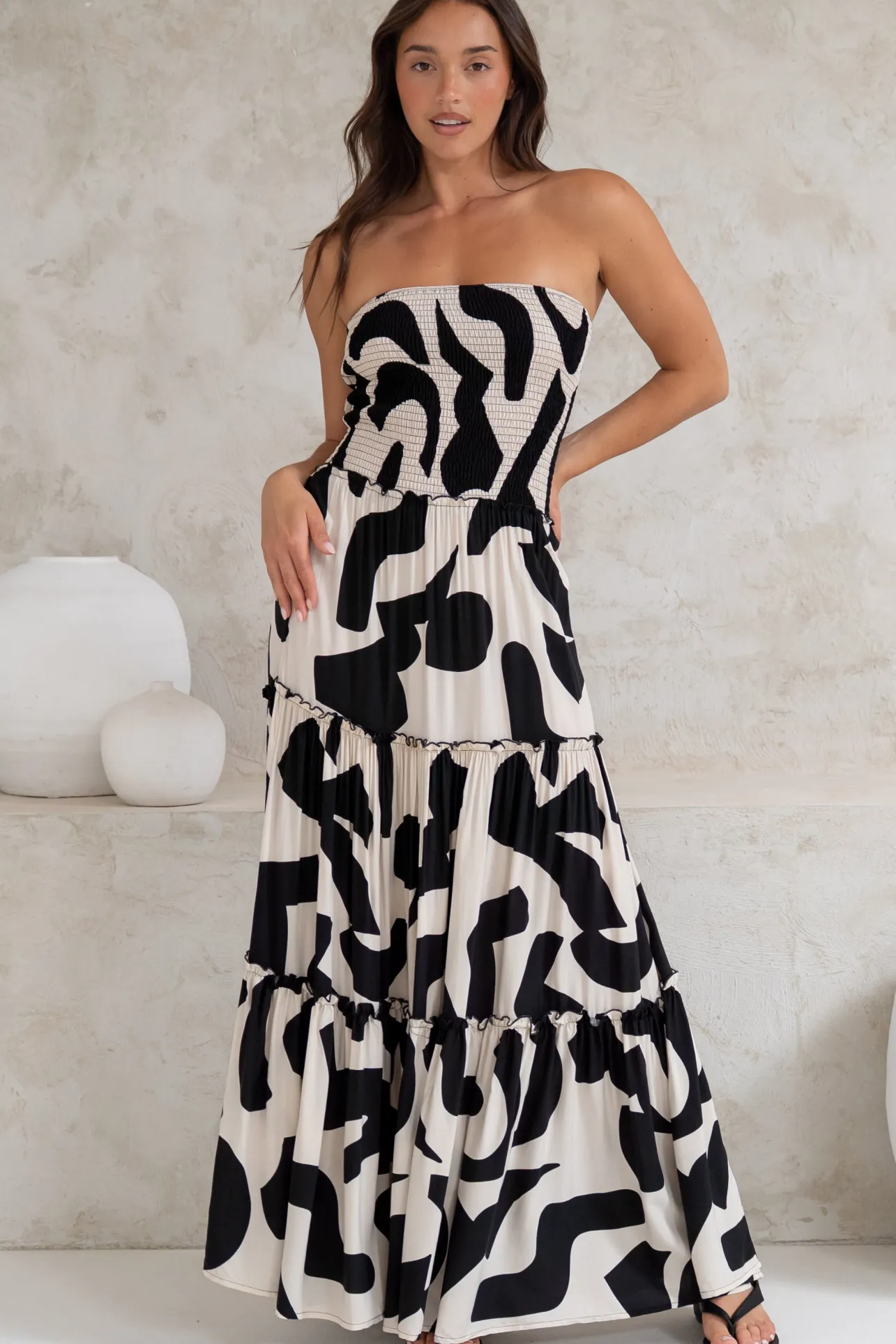 Rhea Maxi Dress - Strapless Ruffle Spliced Tiered Dress in Halsey Print>Salty Crush Sale