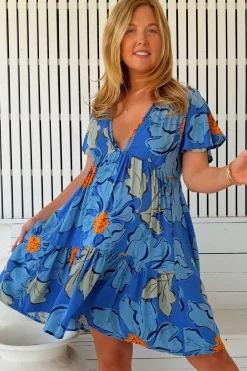 Rhys Mini Dress - Flutter Sleeve Tiered Babydoll Dress in Blue Bell Print><noscript><img width=