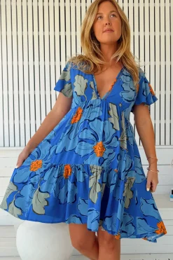 Rhys Mini Dress - Flutter Sleeve Tiered Babydoll Dress in Blue Bell Print><noscript><img width=