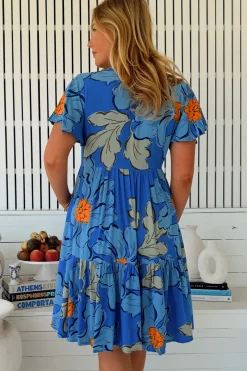 Rhys Mini Dress - Flutter Sleeve Tiered Babydoll Dress in Blue Bell Print><noscript><img width=