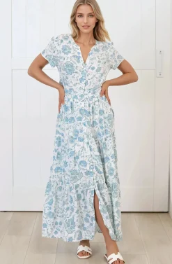 Riba Midi Dress - Button Down Tiered Dress with Cut Out Back in Makenna Print>Salty Crush