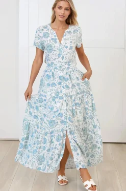 Riba Midi Dress - Button Down Tiered Dress with Cut Out Back in Makenna Print>Salty Crush
