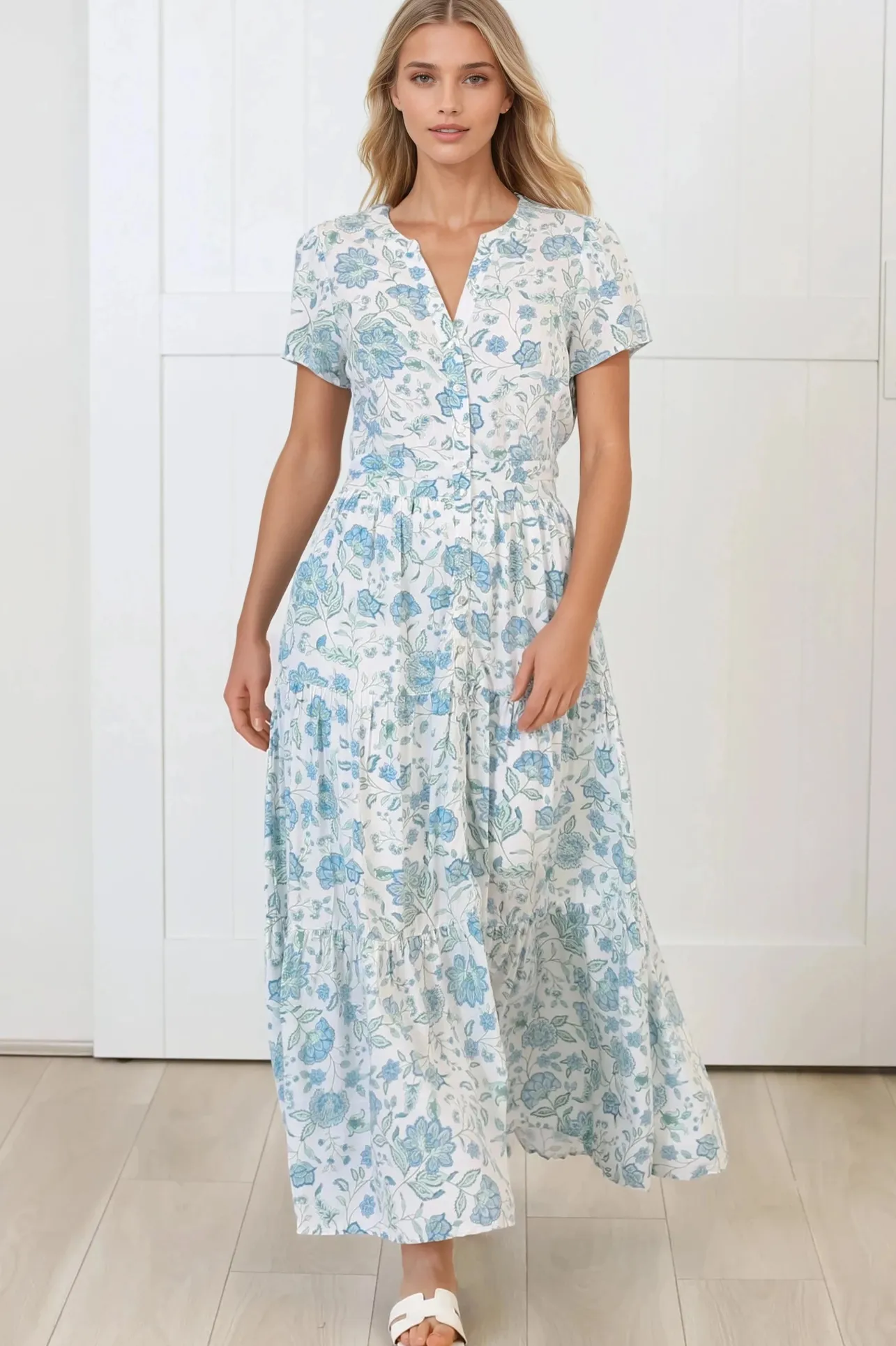 Riba Midi Dress - Button Down Tiered Dress with Cut Out Back in Makenna Print>Salty Crush