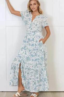 Riba Midi Dress - Button Down Tiered Dress with Cut Out Back in Makenna Print><noscript><img width=
