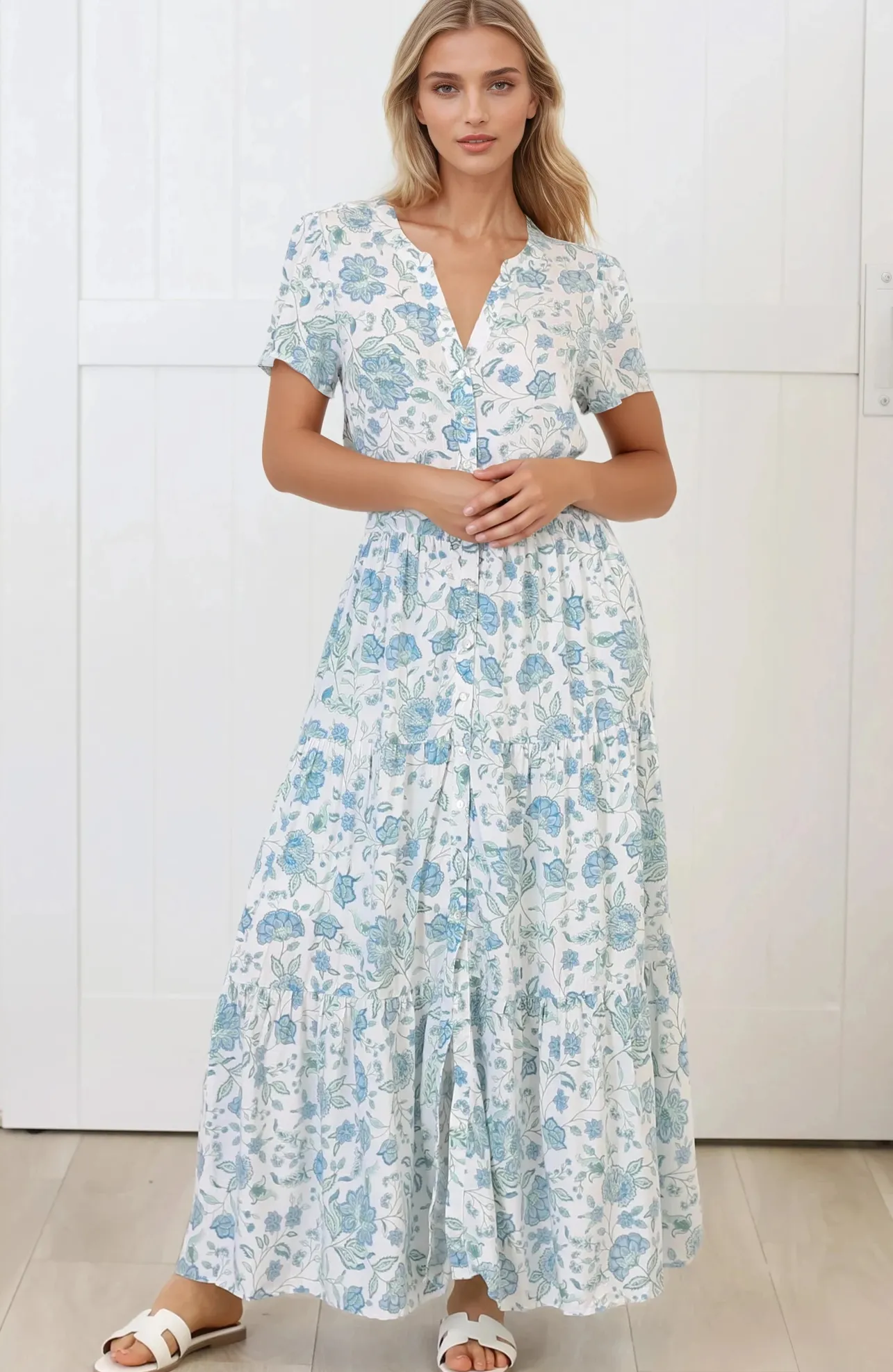 Riba Midi Dress - Button Down Tiered Dress with Cut Out Back in Makenna Print>Salty Crush