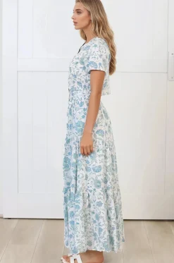 Riba Midi Dress - Button Down Tiered Dress with Cut Out Back in Makenna Print><noscript><img width=