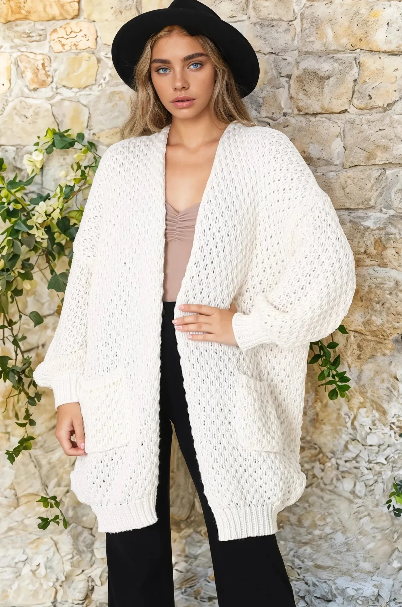 Ricki Cardigan - Open Front Chunky Knit Cardigan in Cream>Salty Crush Outlet