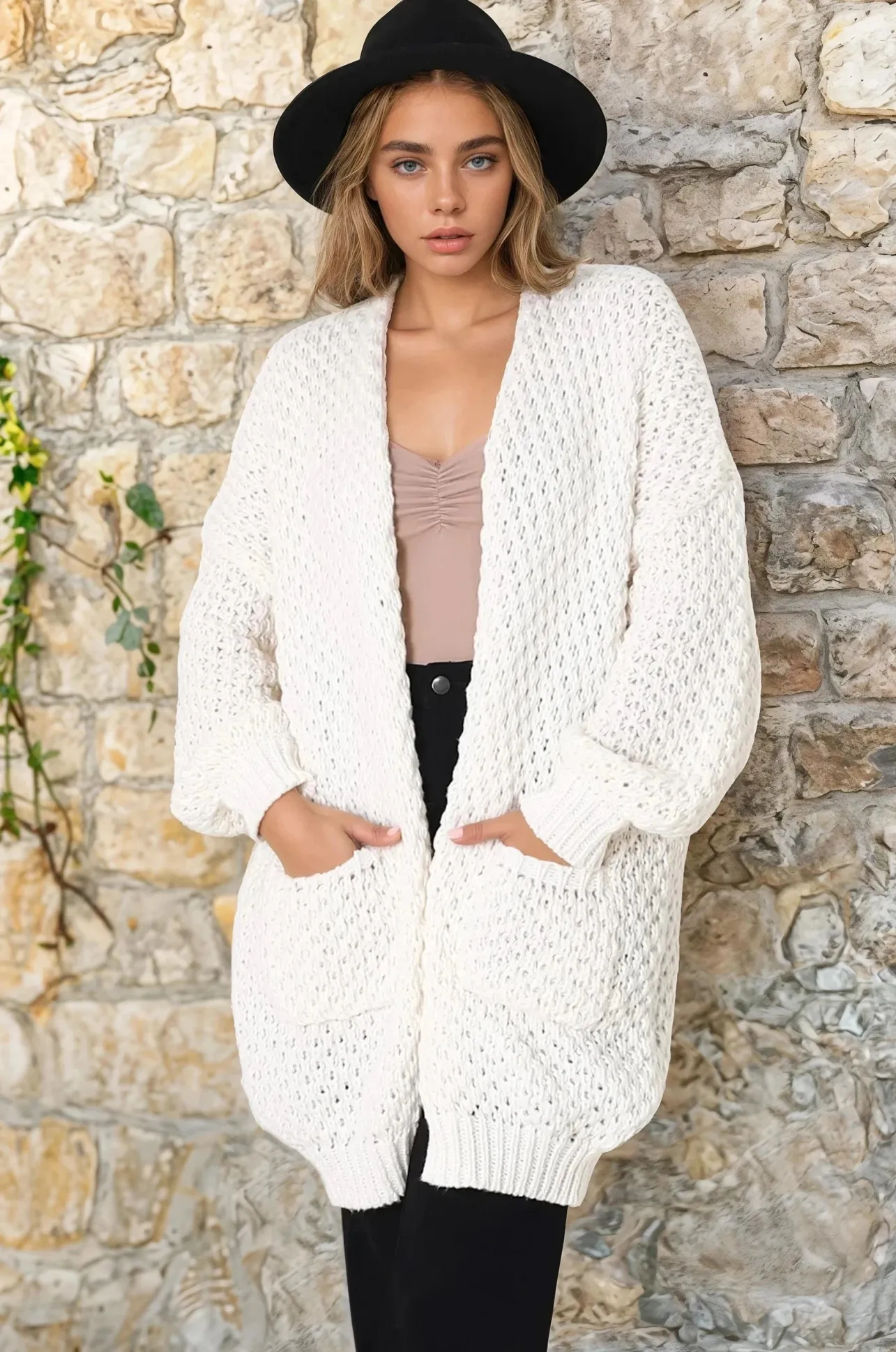 Ricki Cardigan - Open Front Chunky Knit Cardigan in Cream>Salty Crush Outlet