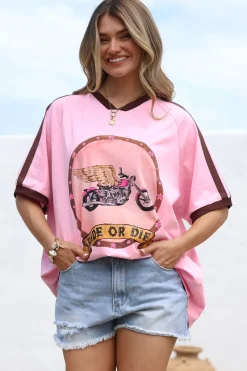 Ride Or Die Tee - Graphic Print Short Sleeve T-Shirt with Racer Stripe Sleeves in Pink>Salty Crush Discount