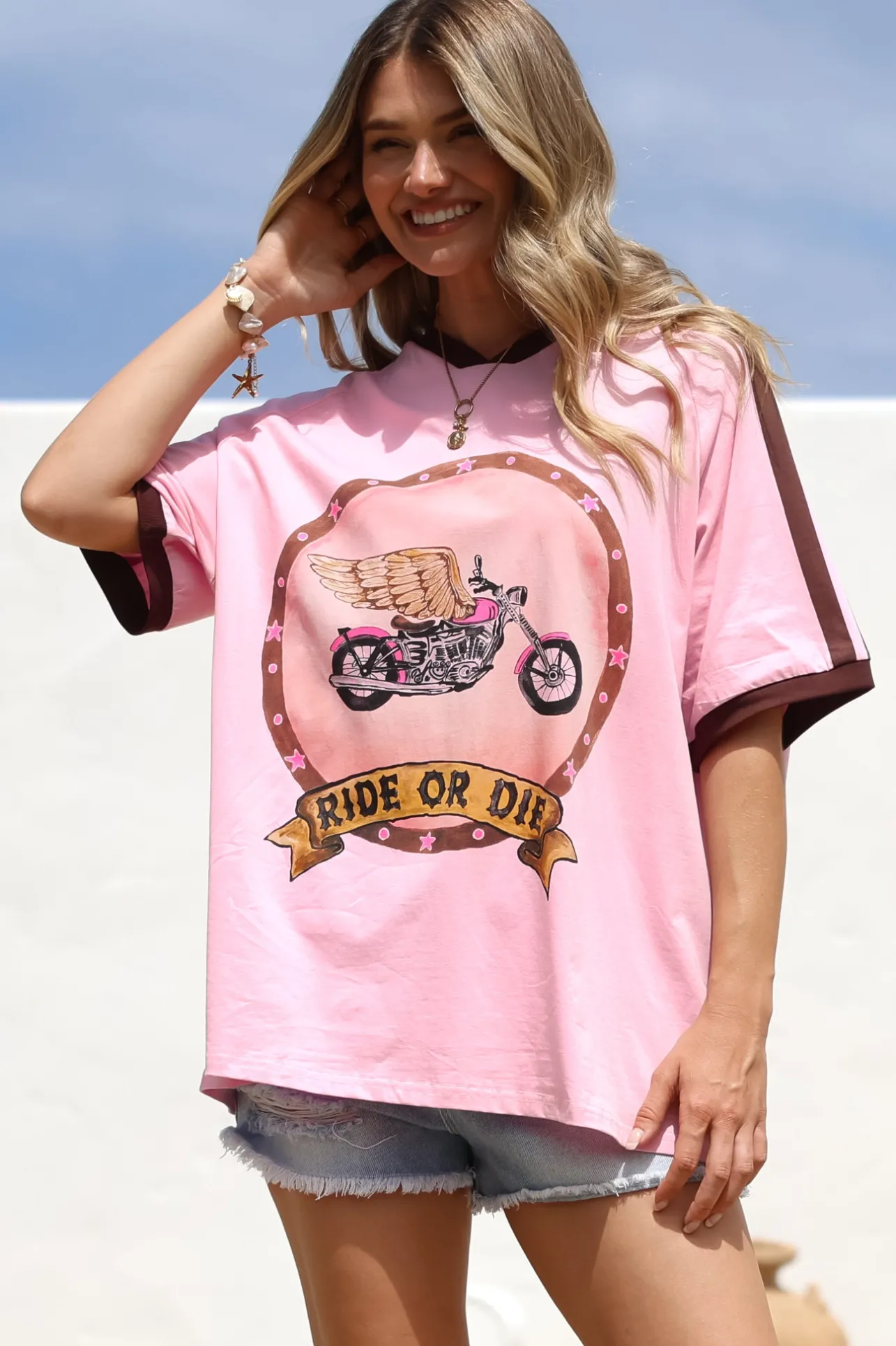 Ride Or Die Tee - Graphic Print Short Sleeve T-Shirt with Racer Stripe Sleeves in Pink>Salty Crush Discount