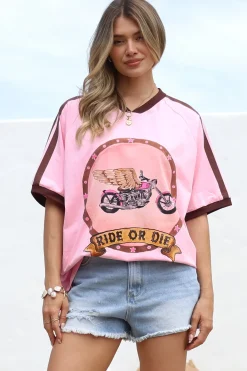 Ride Or Die Tee - Graphic Print Short Sleeve T-Shirt with Racer Stripe Sleeves in Pink><noscript><img width=