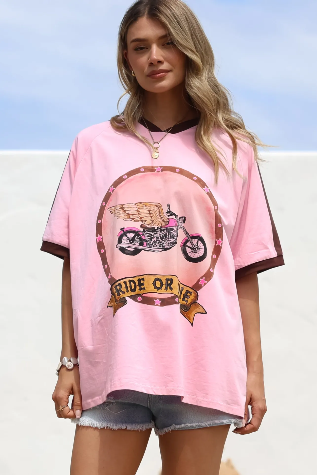Ride Or Die Tee - Graphic Print Short Sleeve T-Shirt with Racer Stripe Sleeves in Pink>Salty Crush Discount