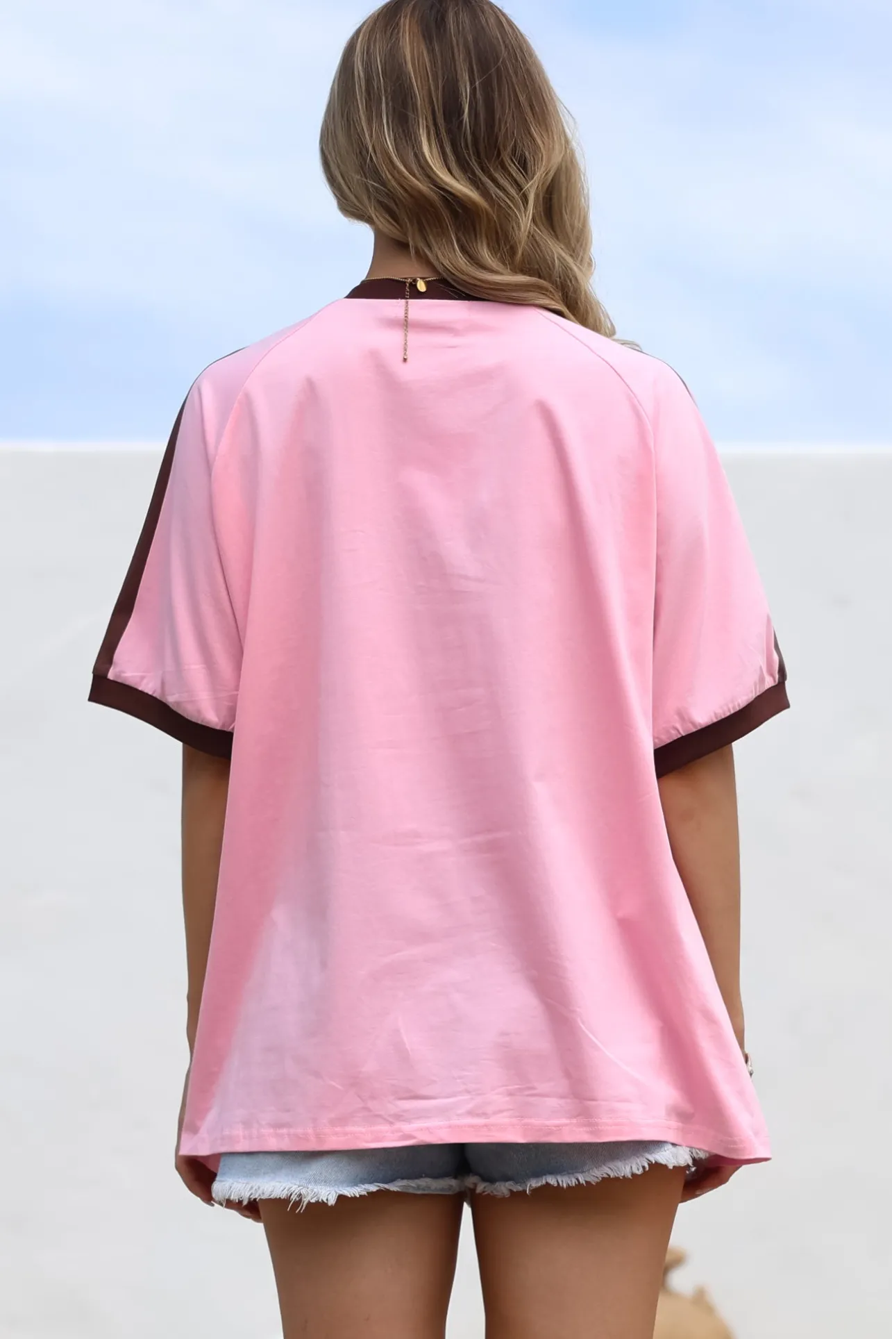 Ride Or Die Tee - Graphic Print Short Sleeve T-Shirt with Racer Stripe Sleeves in Pink>Salty Crush Discount