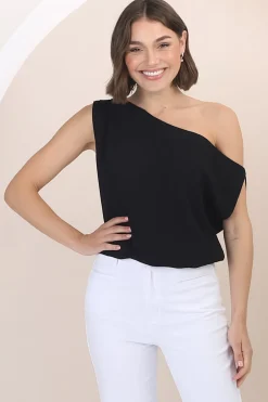 Rielle Top - One Shoulder Aysmmetric Bodysuit in Black>Salty Crush Sale