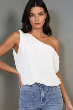 Rielle Top - One Shoulder Aysmmetric Bodysuit in White><noscript><img width=