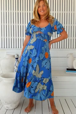 Rini Midi Dress - Sweetheart Neckline Cut Out Detail Dress in Blue Bell Print><noscript><img width=