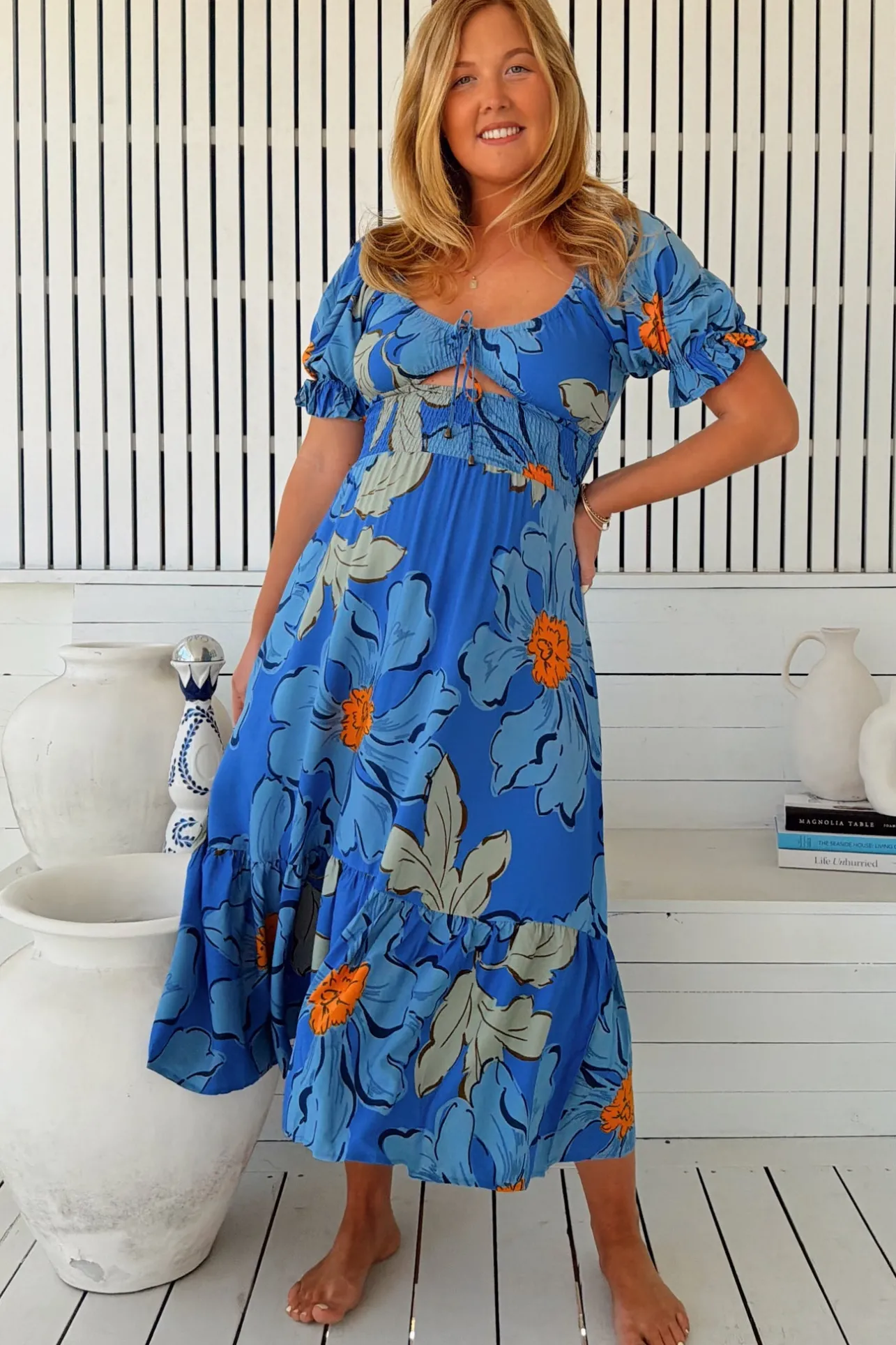 Rini Midi Dress - Sweetheart Neckline Cut Out Detail Dress in Blue Bell Print>Jaase Hot