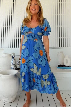 Rini Midi Dress - Sweetheart Neckline Cut Out Detail Dress in Blue Bell Print><noscript><img width=