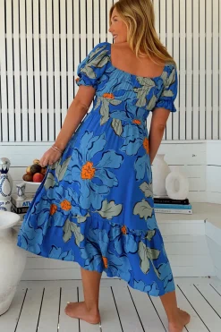 Rini Midi Dress - Sweetheart Neckline Cut Out Detail Dress in Blue Bell Print><noscript><img width=