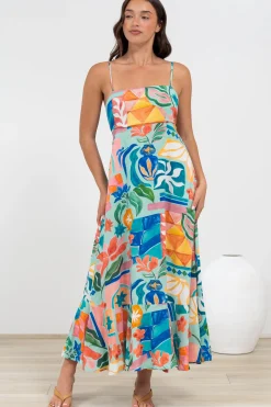 Rinna Midi Dress - Adjustable Strap with Tie Back Sun Dress in Edel Print>Salty Crush Online