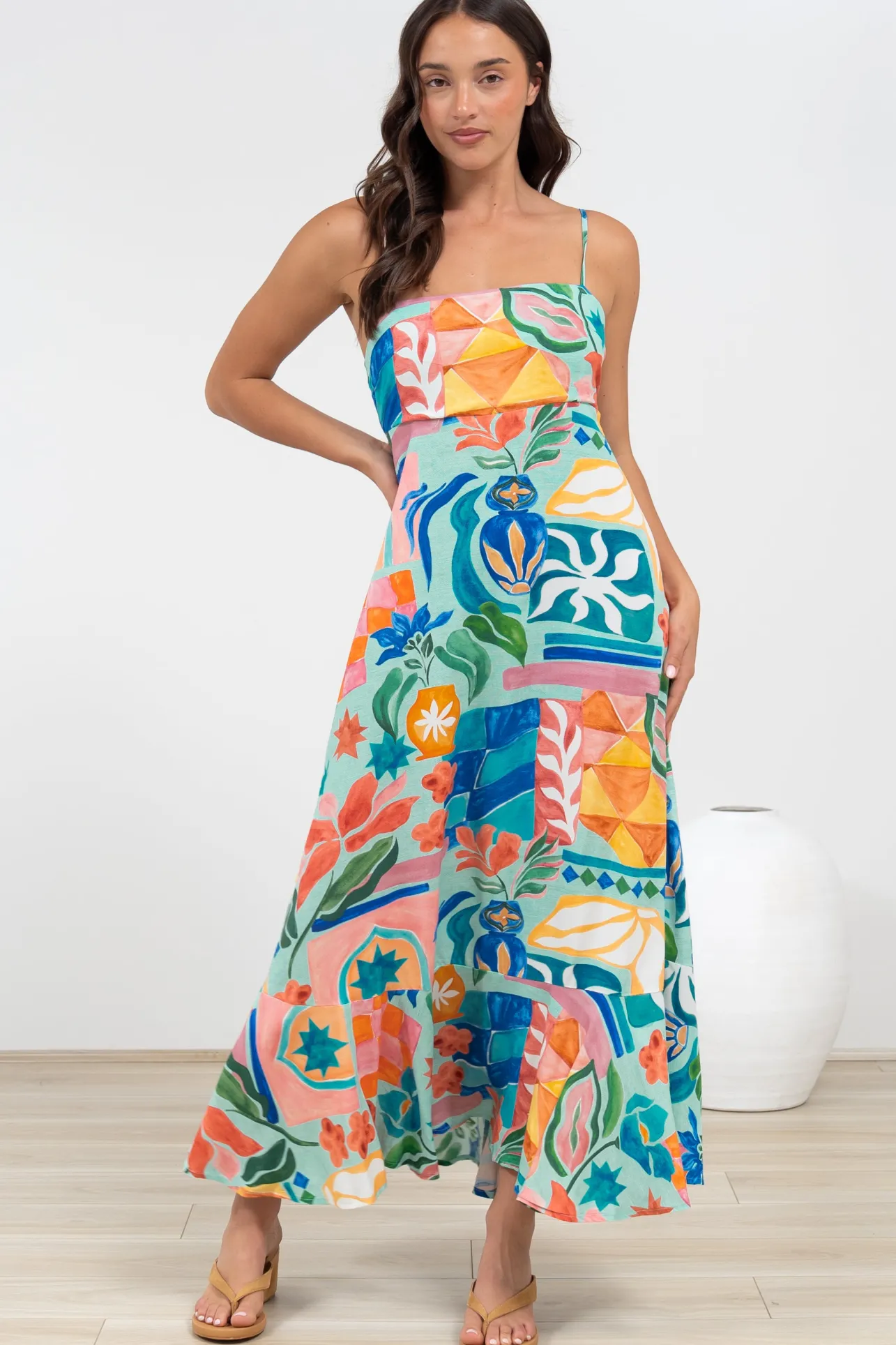 Rinna Midi Dress - Adjustable Strap with Tie Back Sun Dress in Edel Print>Salty Crush Online