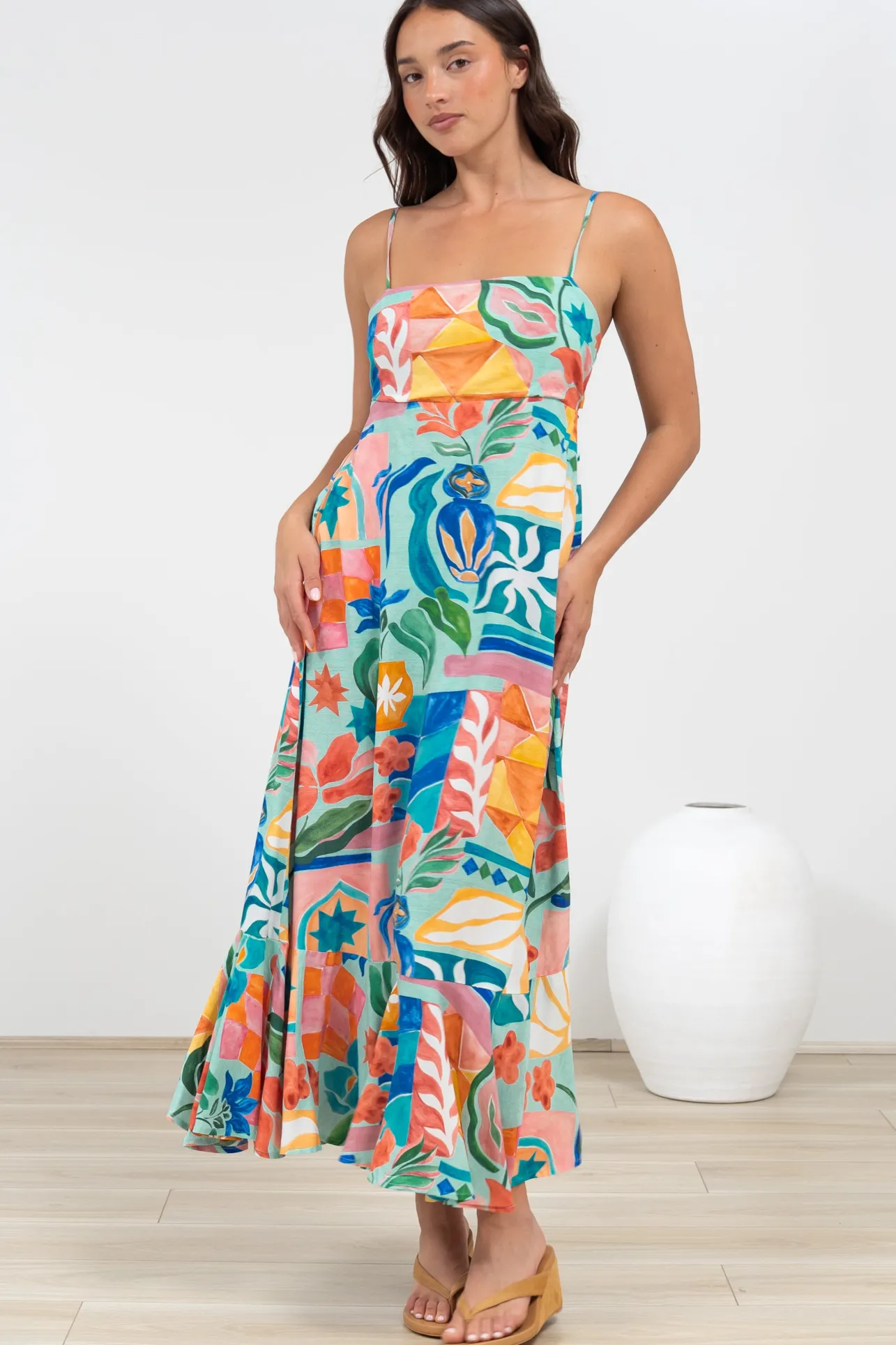 Rinna Midi Dress - Adjustable Strap with Tie Back Sun Dress in Edel Print>Salty Crush Online
