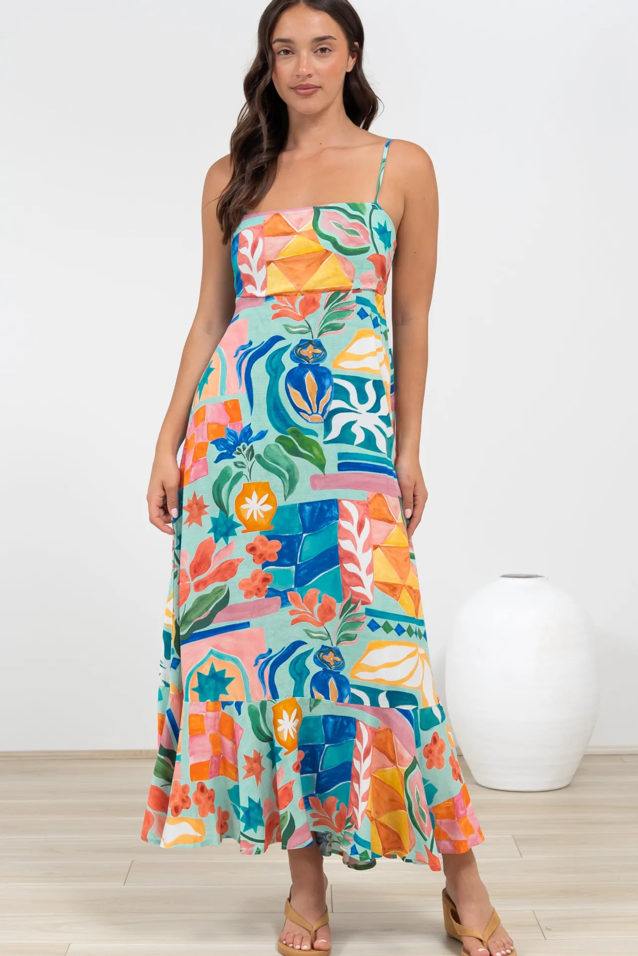 Rinna Midi Dress - Adjustable Strap with Tie Back Sun Dress in Edel Print>Salty Crush Online