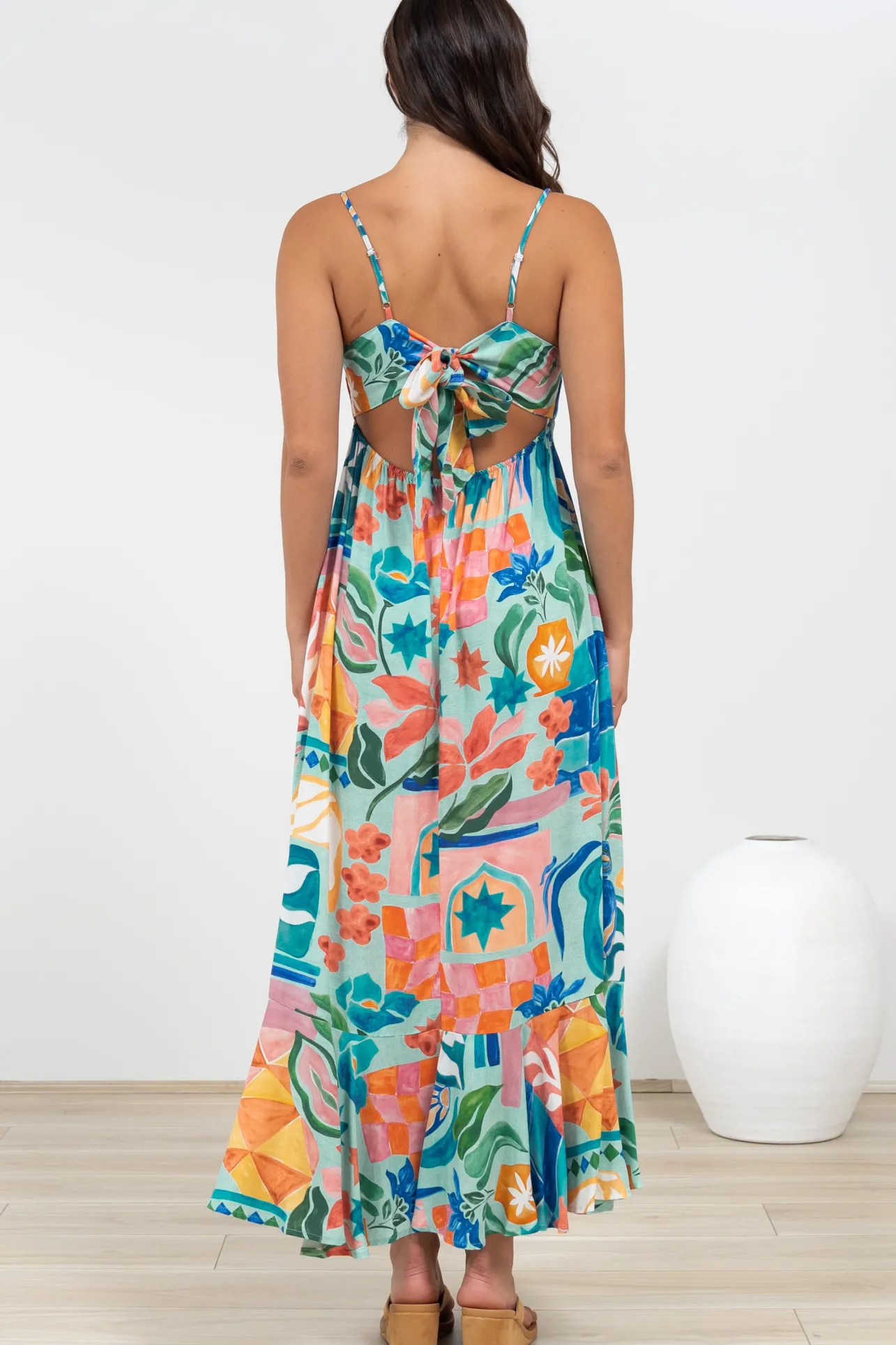 Rinna Midi Dress - Adjustable Strap with Tie Back Sun Dress in Edel Print>Salty Crush Online