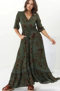 Romi Maxi Dress - Button Down 3/4 Sleeve Dress with Waist Tie in Esme Print>Jaase Clearance
