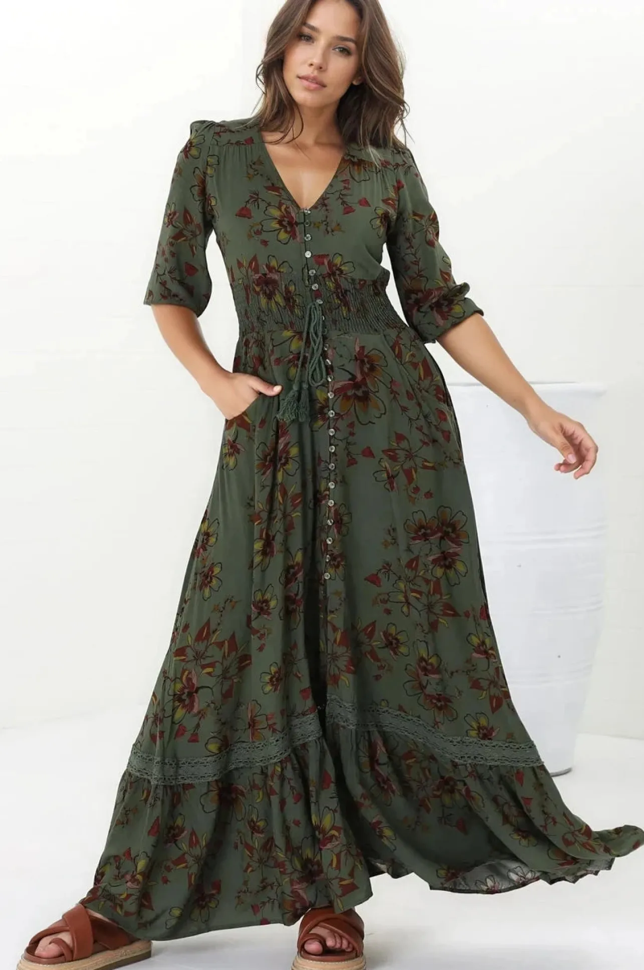 Romi Maxi Dress - Button Down 3/4 Sleeve Dress with Waist Tie in Esme Print>Jaase Clearance