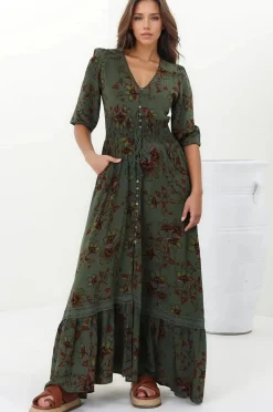 Romi Maxi Dress - Button Down 3/4 Sleeve Dress with Waist Tie in Esme Print><noscript><img width=