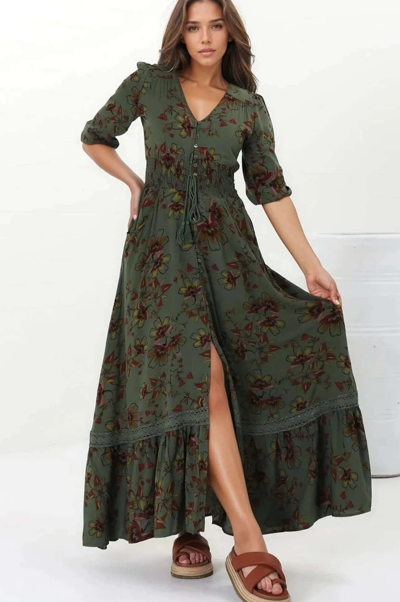 Romi Maxi Dress - Button Down 3/4 Sleeve Dress with Waist Tie in Esme Print>Jaase Clearance