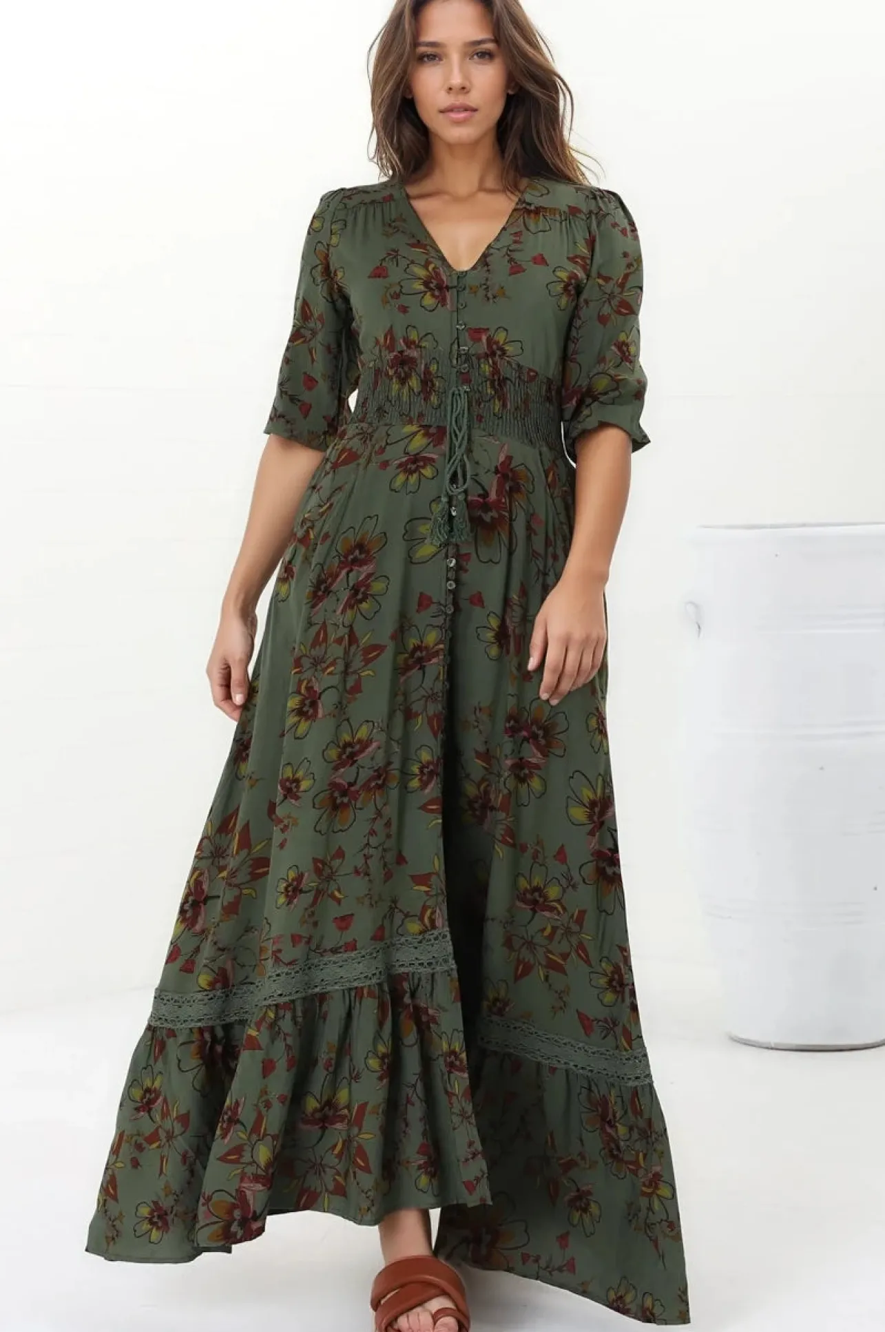 Romi Maxi Dress - Button Down 3/4 Sleeve Dress with Waist Tie in Esme Print>Jaase Clearance