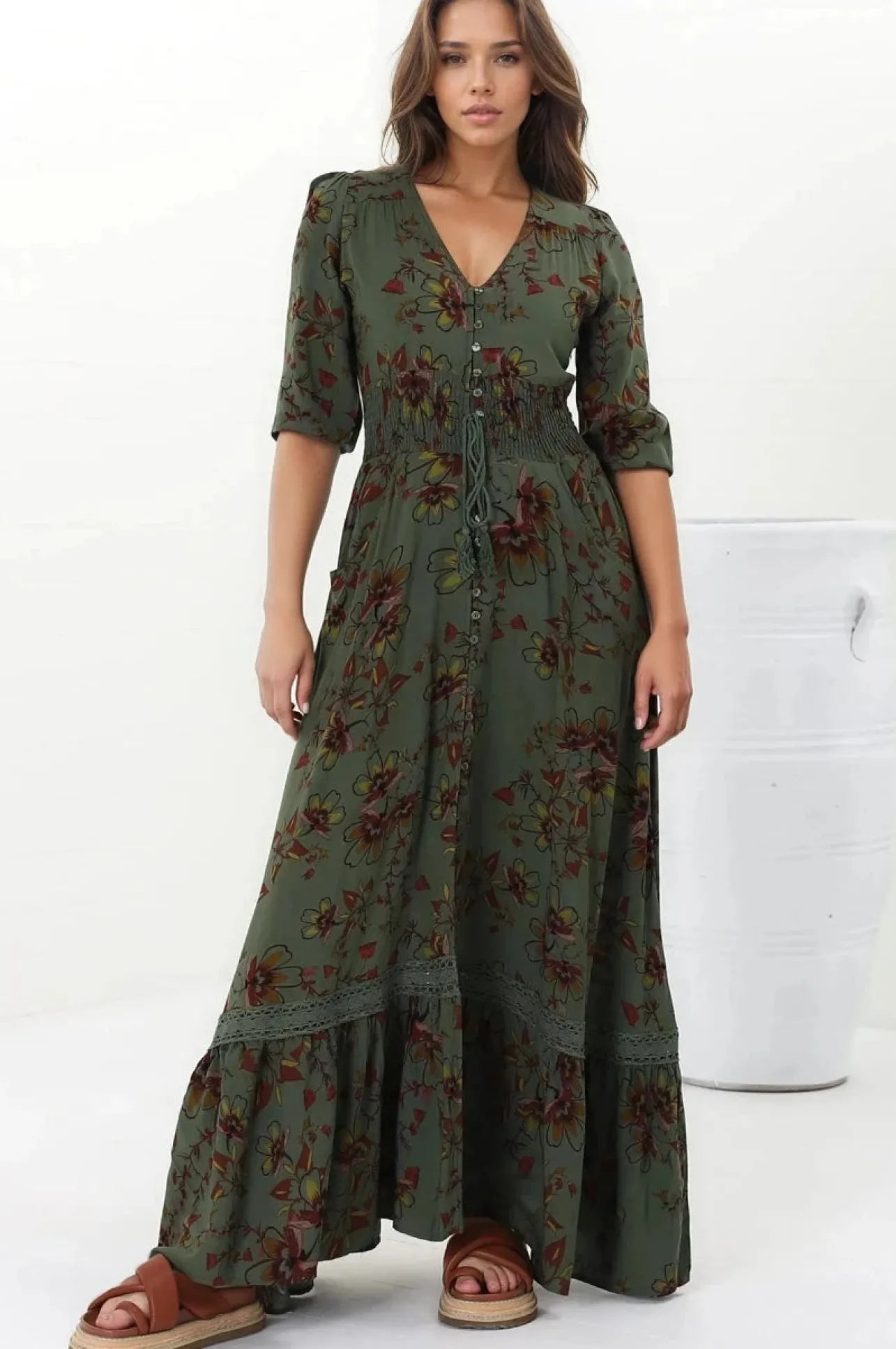 Romi Maxi Dress - Button Down 3/4 Sleeve Dress with Waist Tie in Esme Print>Jaase Clearance