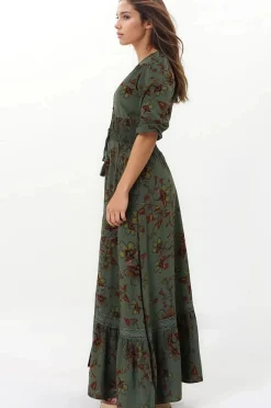 Romi Maxi Dress - Button Down 3/4 Sleeve Dress with Waist Tie in Esme Print><noscript><img width=