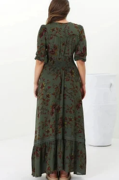 Romi Maxi Dress - Button Down 3/4 Sleeve Dress with Waist Tie in Esme Print><noscript><img width=
