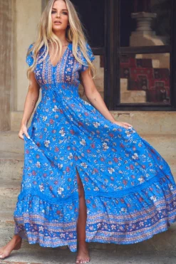 Romi Maxi Dress - Button Down Cap Sleeve Dress with Waist Tie in Josianne Print>Jaase Discount