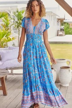 Romi Maxi Dress - Button Down Cap Sleeve Dress with Waist Tie in Josianne Print><noscript><img width=